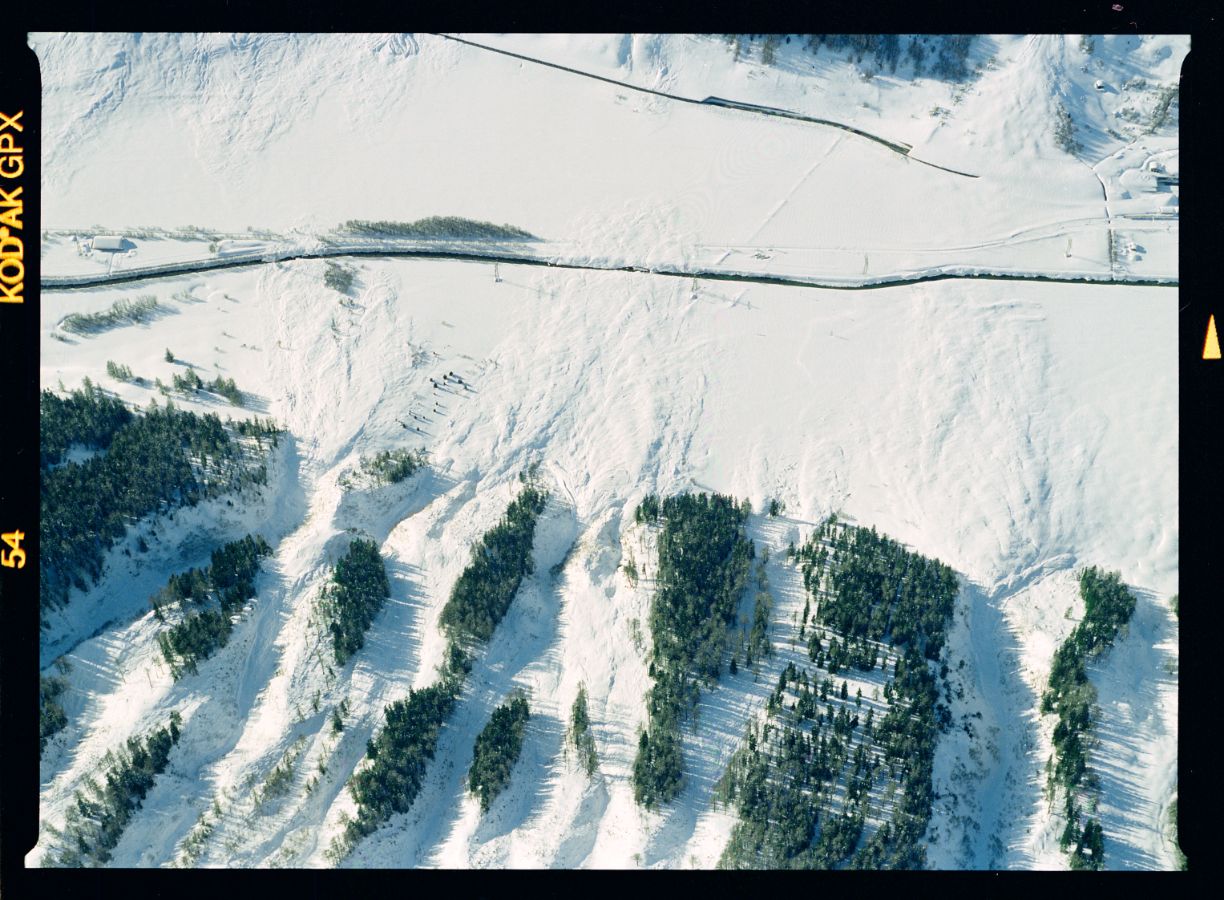 Lawinen von der südlichen Talseite haben den Rotten überflossen und blockieren die Bahnlinie der Matterhorn-Gotthard Bahn zwischen Oberwald und Obergesteln. Aufnahmerichtung: WNW, 26. 02. 1999, 16:05; Titel der Aufnahme: BREITWALD/OB.GESTELN; Goms, Wallis Kameramodell: Expression 11000XL